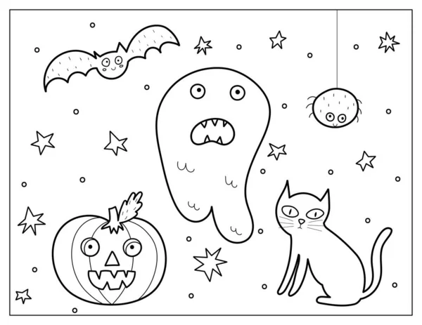 Halloween Kleurplaat Met Een Geest Kat Pompoen Spookachtige Print Cartoon — Stockvector