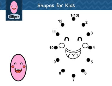 Noktaları birleştir ve sevimli bir elips çiz. Çocuklar için nokta nokta oyunu. Anaokulu için elips şekli aktivite sayfası öğreniyorum. Çocuklar için bulmaca şablonu. Vektör illüstrasyonu