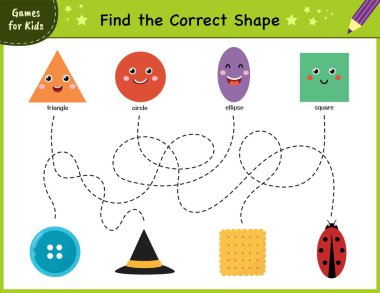 Find the correct shape. Maze game for kids. Learning shapes activity page for preschool. Puzzle template for handwriting practice. Vector illustration clipart