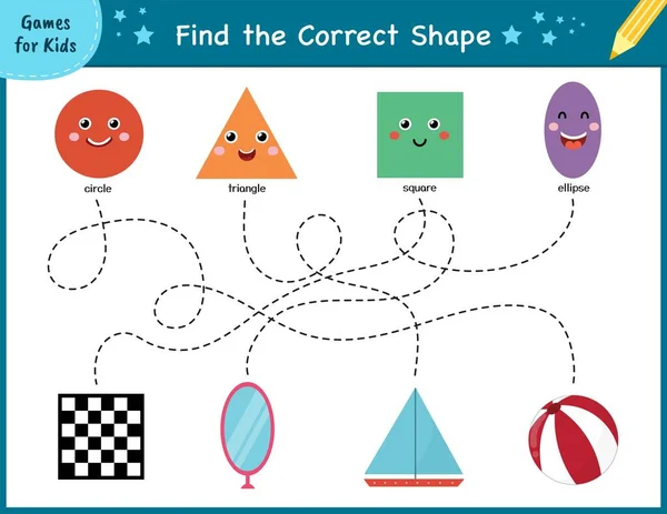 找到正确的形状 儿童迷宫游戏 学习决定了学前班的活动 笔迹练习的字谜模板 矢量说明 — 图库矢量图片
