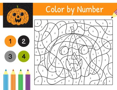 Çocuklar için bir numaralı oyun olan Cadılar Bayramı kabağı rengi. Cadılar Bayramı karakterli boyama sayfası. Okul ve anaokulu için çözümüyle basılabilir çalışma kâğıdı. Sayıları öğreniyorum. Vektör illüstrasyonu