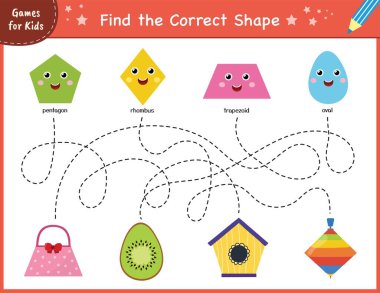 Find the correct shape puzzle game. Maze for kids. Learning shapes activity page for preschool. Mini template for handwriting practice. Vector illustration clipart