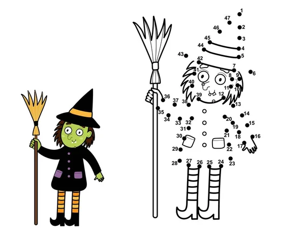 Çocuklar Için Nokta Nokta Oyunu Noktaları Birleştir Güzel Bir Cadıyı — Stok Vektör