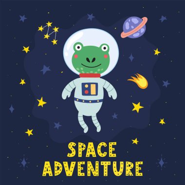 Tatlı kurbağa astronotlu Uzay Macerası baskısı. Komik bir karakteri, gezegen ve el çizimi harfleri olan kozmik bir kart. Tişört ve giysi için harika. Vektör illüstrasyonu