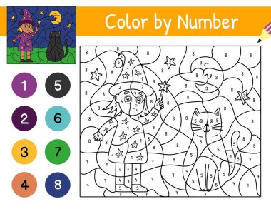 Sevimli cadı ve kediyle yapılan Cadılar Bayramı renkleri. Sihirli kostüm boyama sayfasında çocuklar için şeker mi şaka mı? Okul ve anaokulu için çözümüyle basılabilir çalışma kâğıdı. Vektör illüstrasyonu