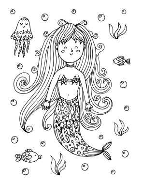 Sevimli deniz kızı el çizimi boyama sayfası. US Letter formatında uzun saçlı deniz kızı baskısı. Siyah ve beyaz deniz vektör çizimi