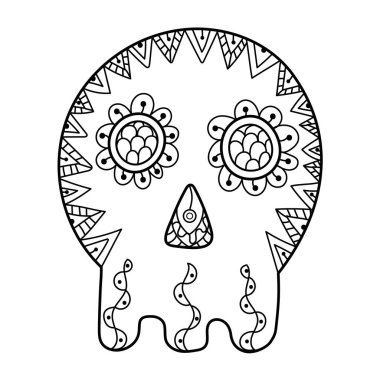 Zentangle tarzında süs boyama sayfası olan bir kafatası. Cadılar Bayramı boyama kitabı için ürkütücü bir baskı. Vektör illüstrasyonu