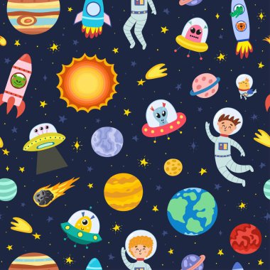 Astronotlarla, uzaylılarla ve gezegenlerle şirin, kusursuz desen. Çocuklar için güneş sistemi geçmişi. Kozmik baskı kumaş ve ambalaj kağıdı için harika. Vektör illüstrasyonu