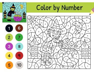 Çocuklar için bir numaralı oyun tarafından bir kazan renginde iksir hazırlayan sevimli cadı. Cadılar Bayramı karakterlerinin olduğu boyama sayfası. Okul ve anaokulu için çözümüyle basılabilir çalışma kâğıdı. Vektör illüstrasyonu