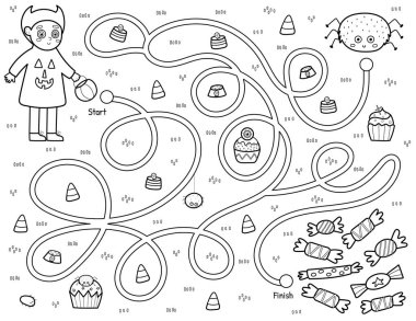 Çocuklar için siyah-beyaz labirent oyunu. Şeytan kostümlü şirin bir çocuğun tatlılara giden yolu bulmasına yardım et. Çocuklar için Cadılar Bayramı şakası mı şeker mi? Vektör illüstrasyonu