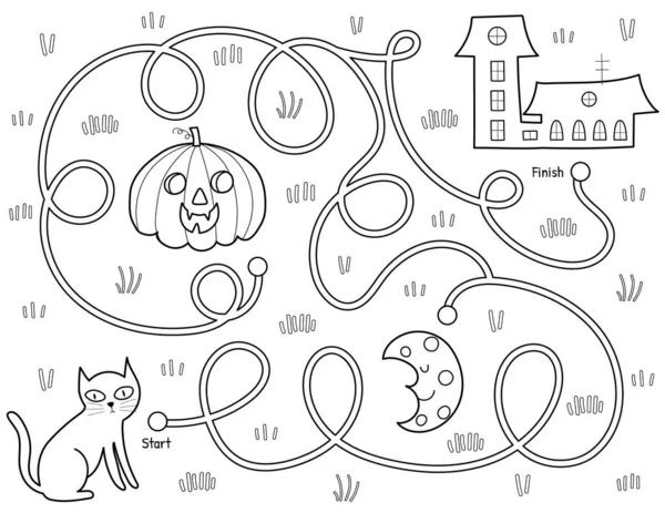 Aiuta Gatto Nero Trovare Percorso Casa Gioco Labirinto Halloween Bianco — Vettoriale Stock