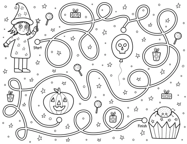 かわいい魔女がカップケーキへの道を見つけるのを助けます かわいい文字を持つ子供のための黒と白のハロウィーンの迷路ゲーム 学校と就学前のためのパズル ベクターイラスト — ストックベクタ