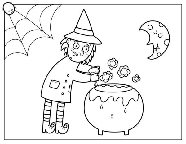 Página Coloração Halloween Com Uma Bruxa Bonita Preparando Uma Poção — Vetor de Stock