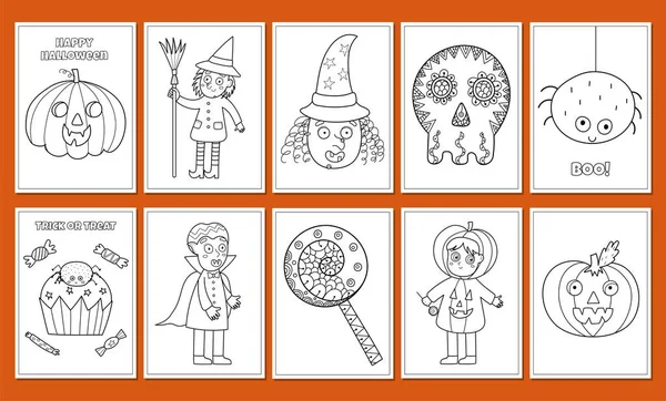 Leuke Halloween Kleurplaten Bundel Leuke Griezelige Personages Prints Set Met — Stockvector