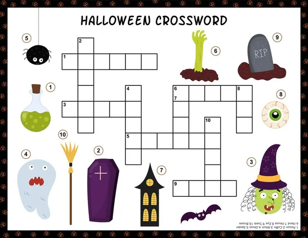 stock vector Halloween crossword activity page for kids. Puzzle game with spooky characters. Educational activity for school and preschool. Vector illustration