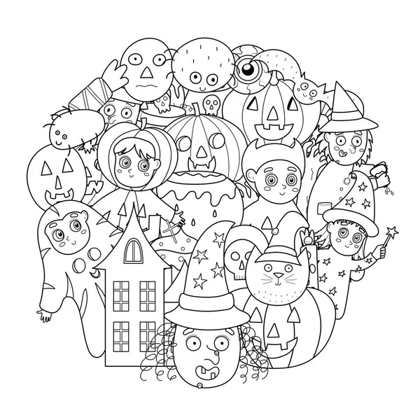 Modèle Forme Cercle Avec Des Personnages Mignons Halloween Pour Livre — Image vectorielle