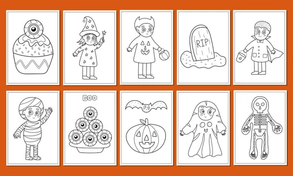 Halloween Kleurplaten Bundel Leuke Spookachtige Karakters Prints Set Voor Kleurboek — Stockvector