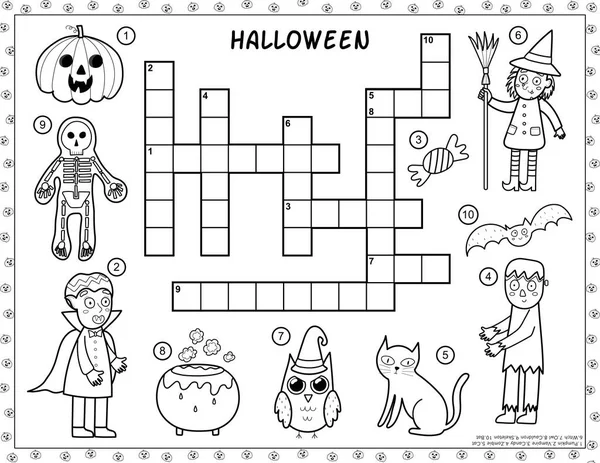 黑色和白色万圣节纵横字谜与恐怖的人物 吸血鬼等等 为儿童设计彩色页面和拼图游戏 矢量说明 — 图库矢量图片