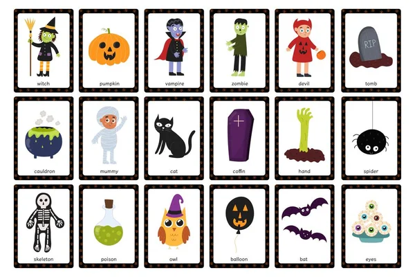 かわいいキャラクターがセットされたハロウィンのフラッシュカード 子供のための秋の不気味な休日のフラッシュカードと大きなコレクション 英語の単語教材を学ぶ ベクターイラスト — ストックベクタ