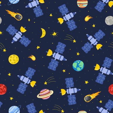 Uydu uzayda kusursuz bir şekilde uçuyor. Kumaş ve ambalaj kağıtları için harika gezegenleri olan kozmik bir arka plan. Vektör illüstrasyonu