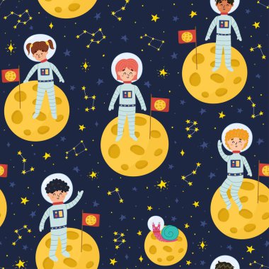 Ay 'da kusursuz desenli şirin astronotlar. Komik karakterli çocuklar için alan arkaplanı. Kumaş ve ambalaj kağıdı için harika. Vektör illüstrasyonu