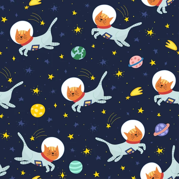Roztomilý Kočičí Astronaut Vesmírném Vzorci Pozadí Pro Děti Legračním Charakterem — Stockový vektor