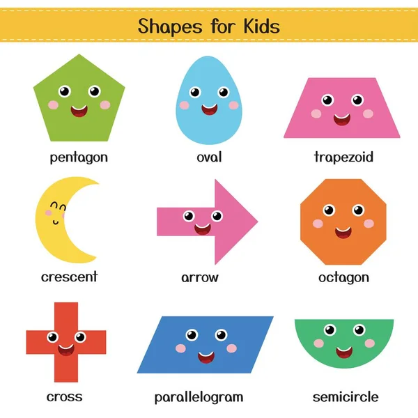 可爱的形状字符为儿童集合 学习幼儿园的基本几何形状 椭圆形 新月形 八角形 平行四边形 半圆形 矢量说明 — 图库矢量图片