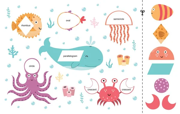 Odpovídající Hra Pro Děti Mořskými Živočichy Učení Stránky Aktivity Geometrických — Stockový vektor