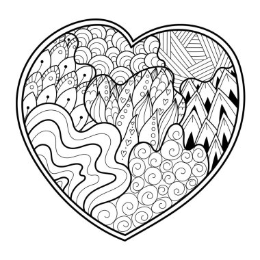 Karalama kalp boyama sayfası. Strese karşı boyama kitabı için siyah-beyaz aşk modeli. Sevgililer Günü Mandala 'sı. Vektör illüstrasyonu
