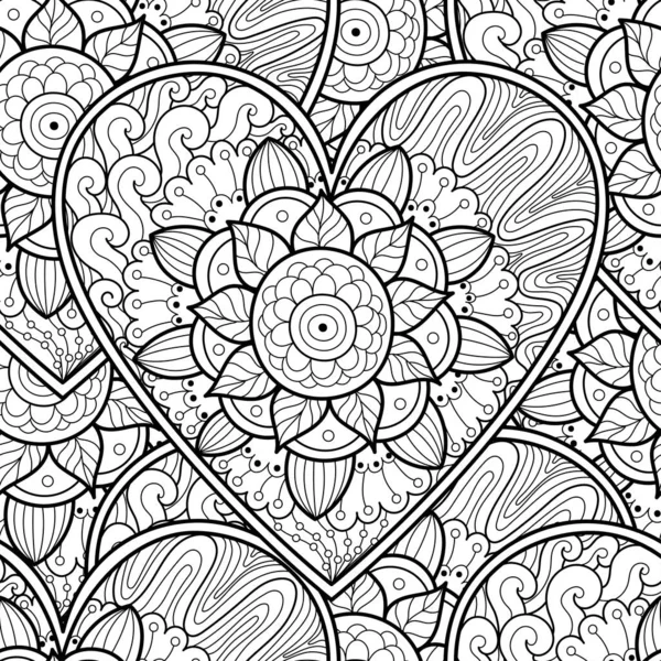 かわいい花の心マンダラ黒と本を着色するための白のシームレスなパターン 愛のドアの背景 大人と子供のための創造的な着色ページ ベクターイラスト — ストックベクタ