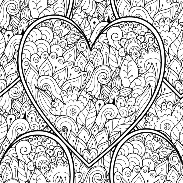 stock vector Floral doodle black and white seamless pattern for coloring book. Love mandala outline background. Creative coloring page for adults and kids. Vector illustration