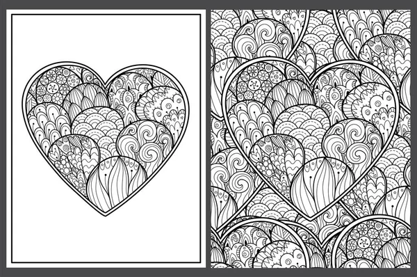 Doodle Herz Malvorlagen Mit Niedlichen Charakteren Schwarz Weiße Kawaii Muster — Stockvektor