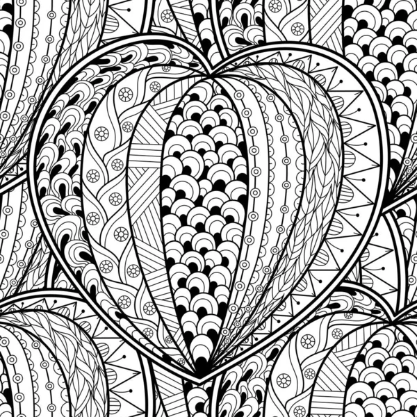Niedliches Doodle Herz Mandala Schwarz Und Weiß Nahtloses Muster Für — Stockvektor