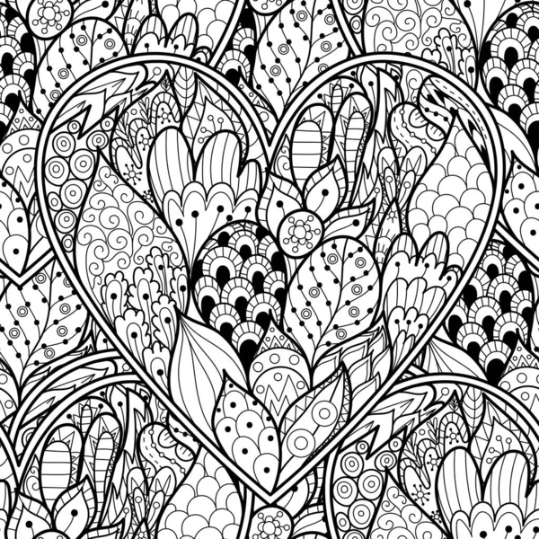 Kwiatowy Doodle Czarno Biały Bezszwowy Wzór Kolorowanki Zarys Mandali Miłosnej — Wektor stockowy