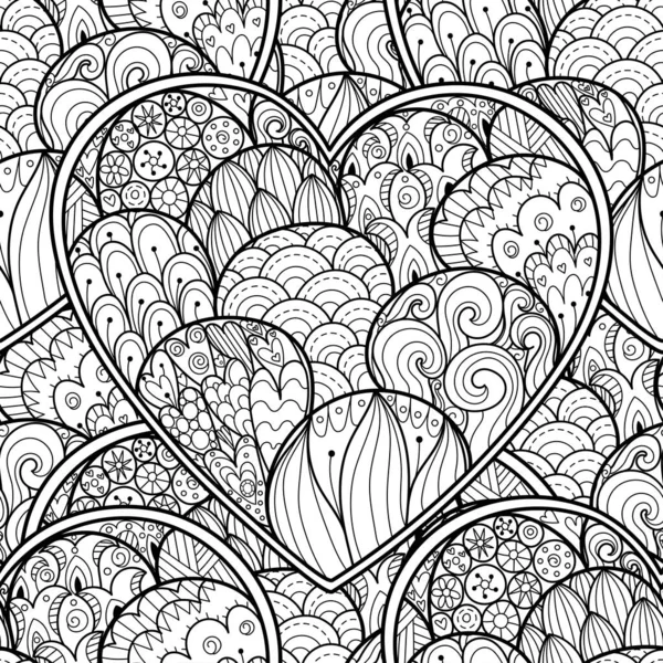 Liebe Schwarz Und Weiß Nahtlose Muster Für Malbuch Herz Mandala — Stockvektor