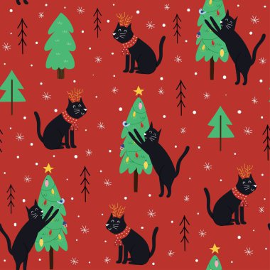 Şirin kedi ve Noel ağacı desenli. Kedi yavrusu Noel ağacında pençelerini keskinleştirir. Komik Noel tatili geçmişi. Vektör illüstrasyonu