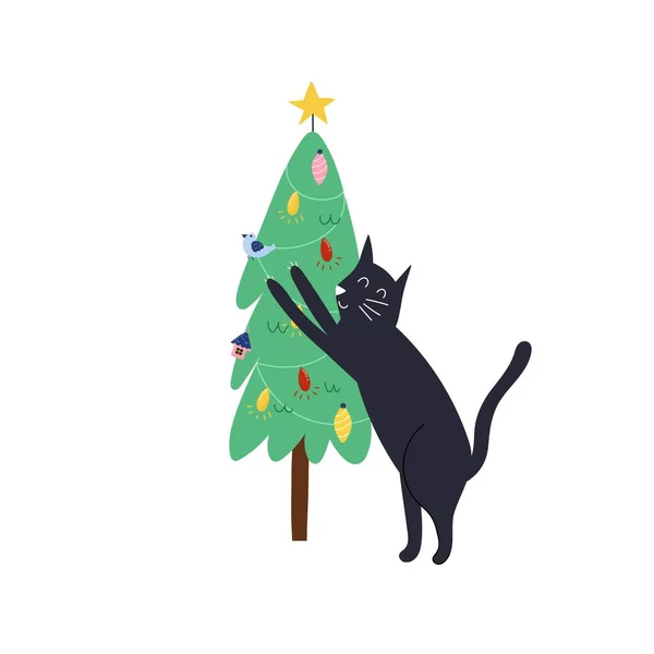 Nette Katze Schärft Krallen Weihnachtsbaum Isoliertes Element Winter Lustige Animal — Stockvektor