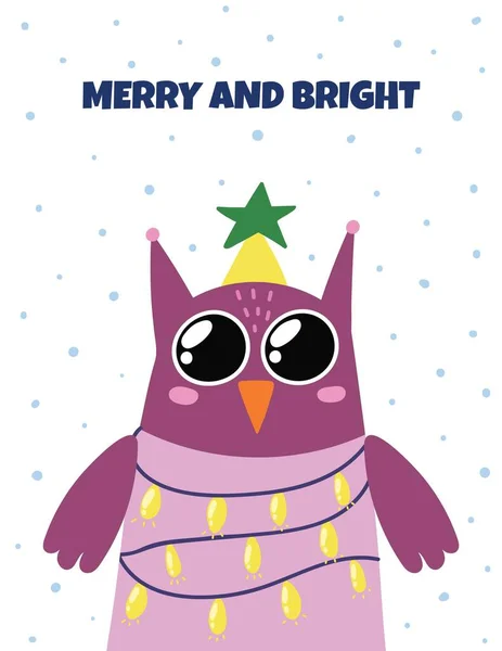 Fröhliche Und Helle Grußkarte Mit Einer Niedlichen Eule Mit Weihnachtsbeleuchtung — Stockvektor