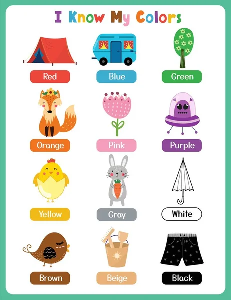 Ich Kenne Meine Farben Bildungsplakat Für Kinder Lernen Farben Arbeitsblatt — Stockvektor
