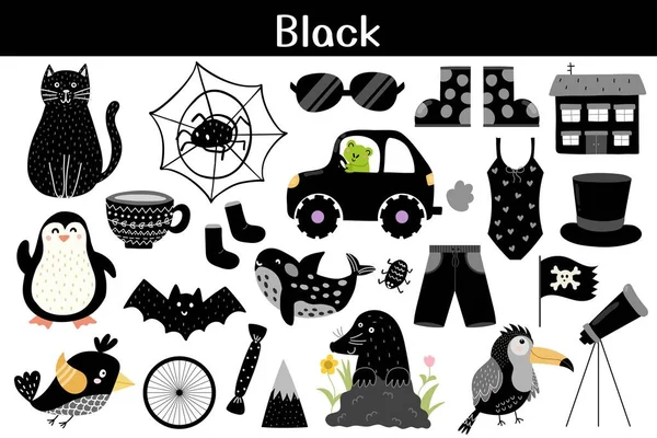 Zwarte Kleur Objecten Set Kleuren Leren Voor Kinderen Leuke Elementen — Stockvector