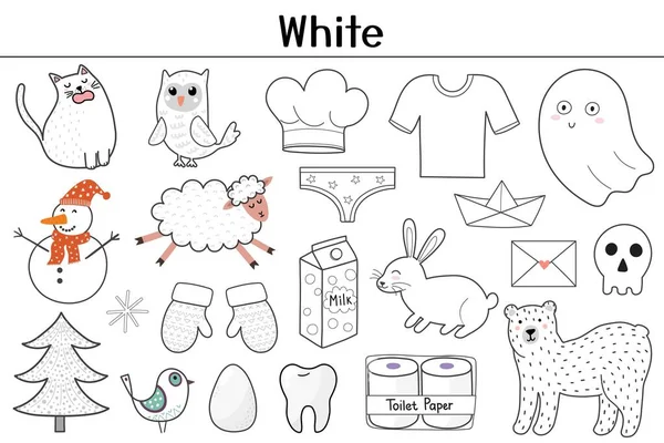 Witte Kleur Objecten Set Kleuren Leren Voor Kinderen Leuke Elementen — Stockvector
