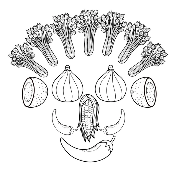 Visage Fruits Légumes Noir Blanc Drôle Tête Page Coloration Saine — Image vectorielle