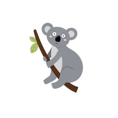 Çizgi film tarzında kahvaltıda tatlı bir koala. İzole bir element. Çocuklar için gri koalalı parmak izi. Vektör illüstrasyonu