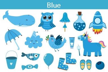 Blue color objects set. Learning colors for kids. Cute elements collection. Educational background. Vector illustration clipart