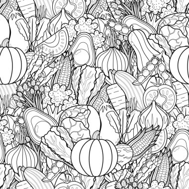 Boyama kitabı için kusursuz desenli sebzeler. Yemek arkaplanı boyama sayfası. Balkabağı, domates, lahana, avokado ve diğerleriyle siyah beyaz baskı. Vektör illüstrasyonu