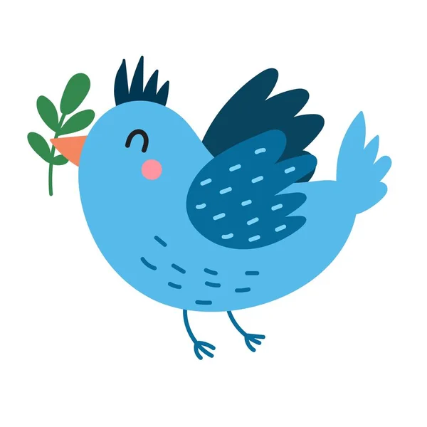 Modrý Létající Pták Rostlinou Roztomilá Postava Kresleném Stylu Izolovaný Prvek — Stockový vektor