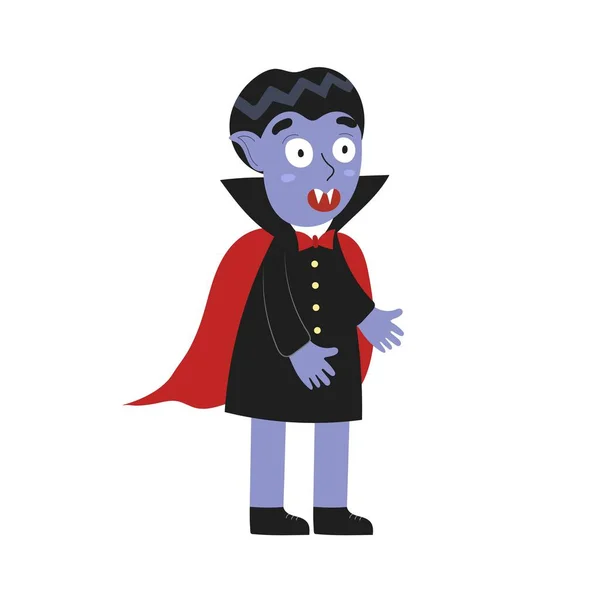 Vampiro Carino Con Zanne Completo Nero Personaggio Halloween Stile Cartone — Vettoriale Stock