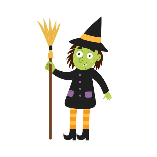 Cute Witch Broom Halloween Character Isolated Element Funny Witch Cartoon — Stock Vector
