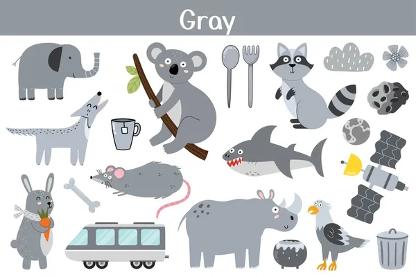 灰色物体集合 为孩子们学习颜色 有趣的元素集合 教育背景 矢量说明 — 图库矢量图片