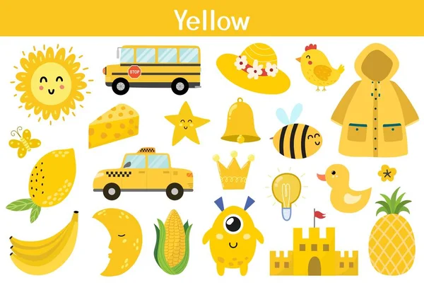 Gelbe Farbobjekte Gesetzt Farben Lernen Für Kinder Niedliche Elemente Sammlung — Stockvektor